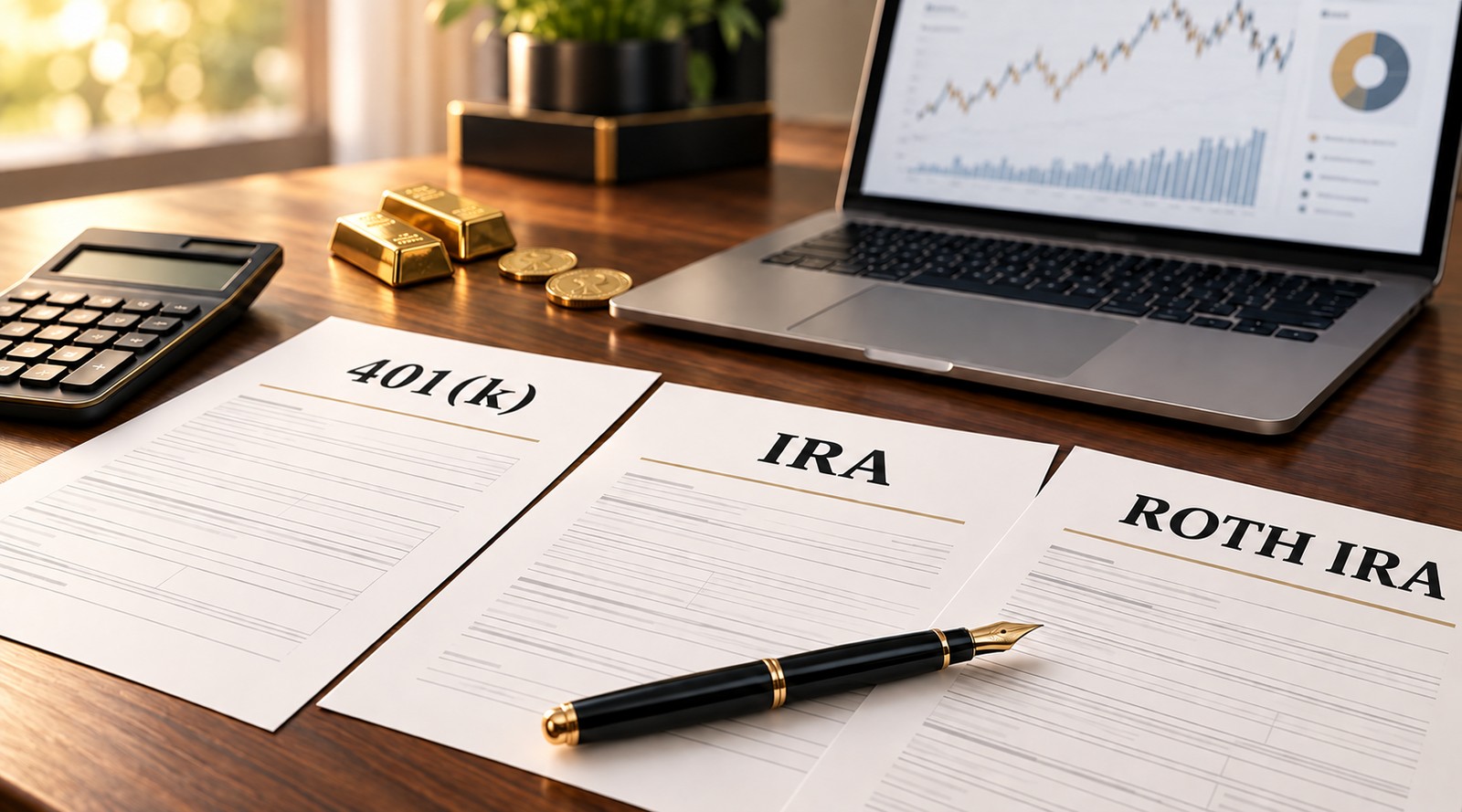 Retirement planning documents for 401(k), IRA, and Roth IRA alongside gold bars and coins
